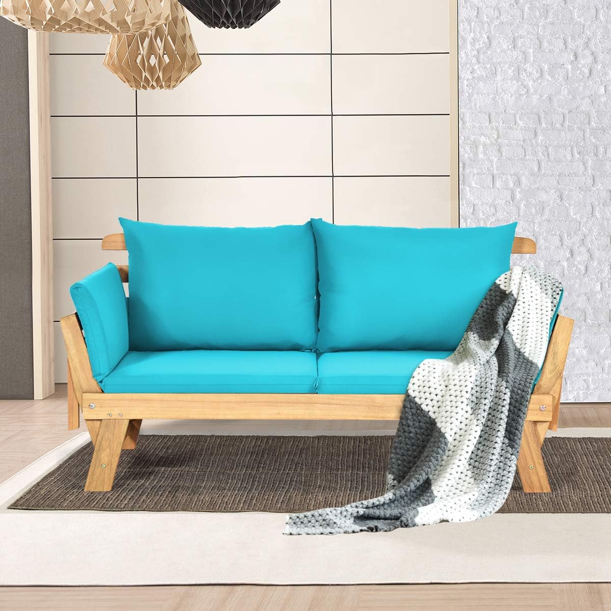 GIANTEX Daybed Canapé-lit pliable pour extérieur 2 personnes avec coussins et oreillers, cadre en bois pour porche avant et patio arrière Bleu turquoise