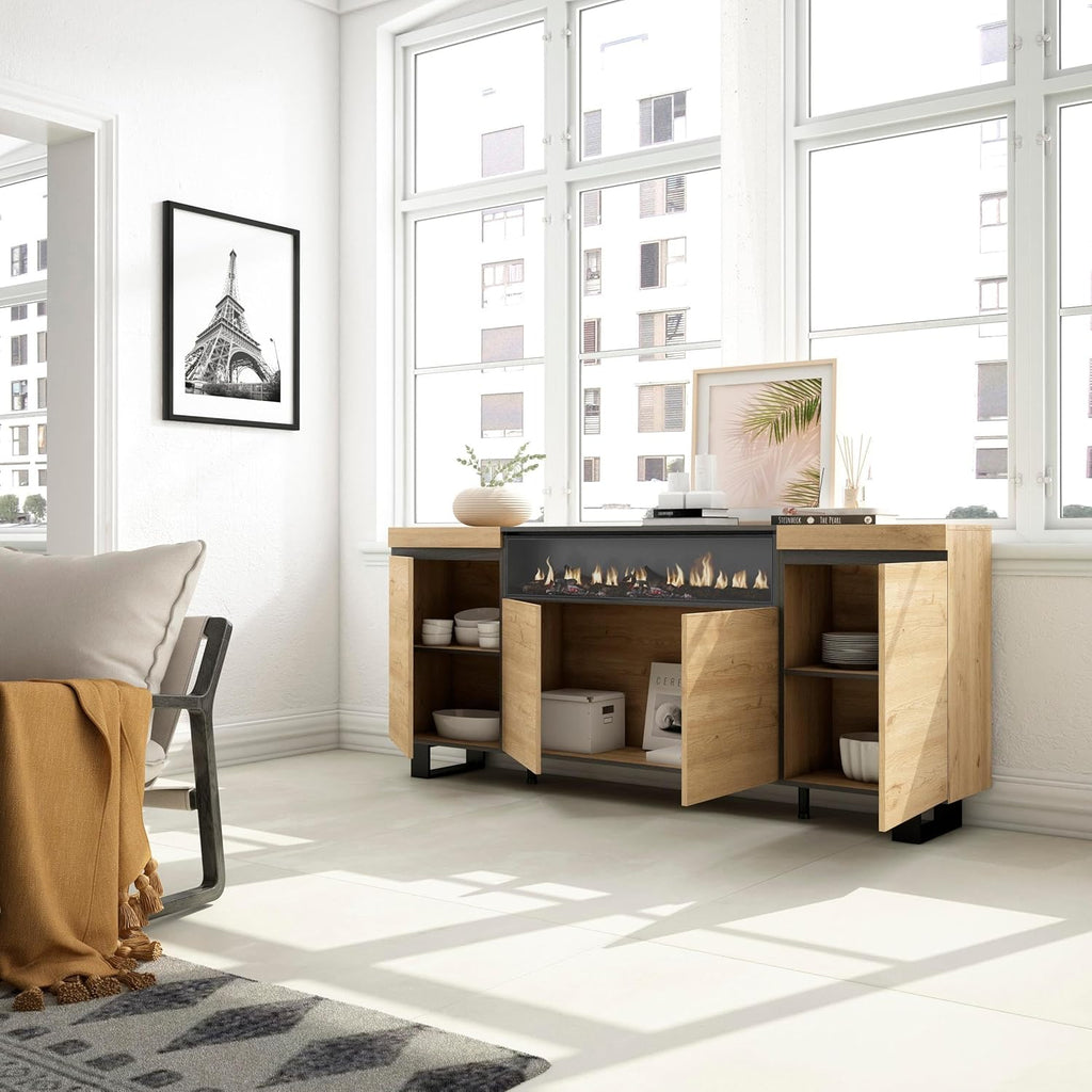Skraut Home | Buffet Salon et Cuisine | Meuble de Rangement, Commode | 200x87x35cm | 4 Portes | Cheminée électrique | Design Industriel | Style Moderne | Chêne et Noir