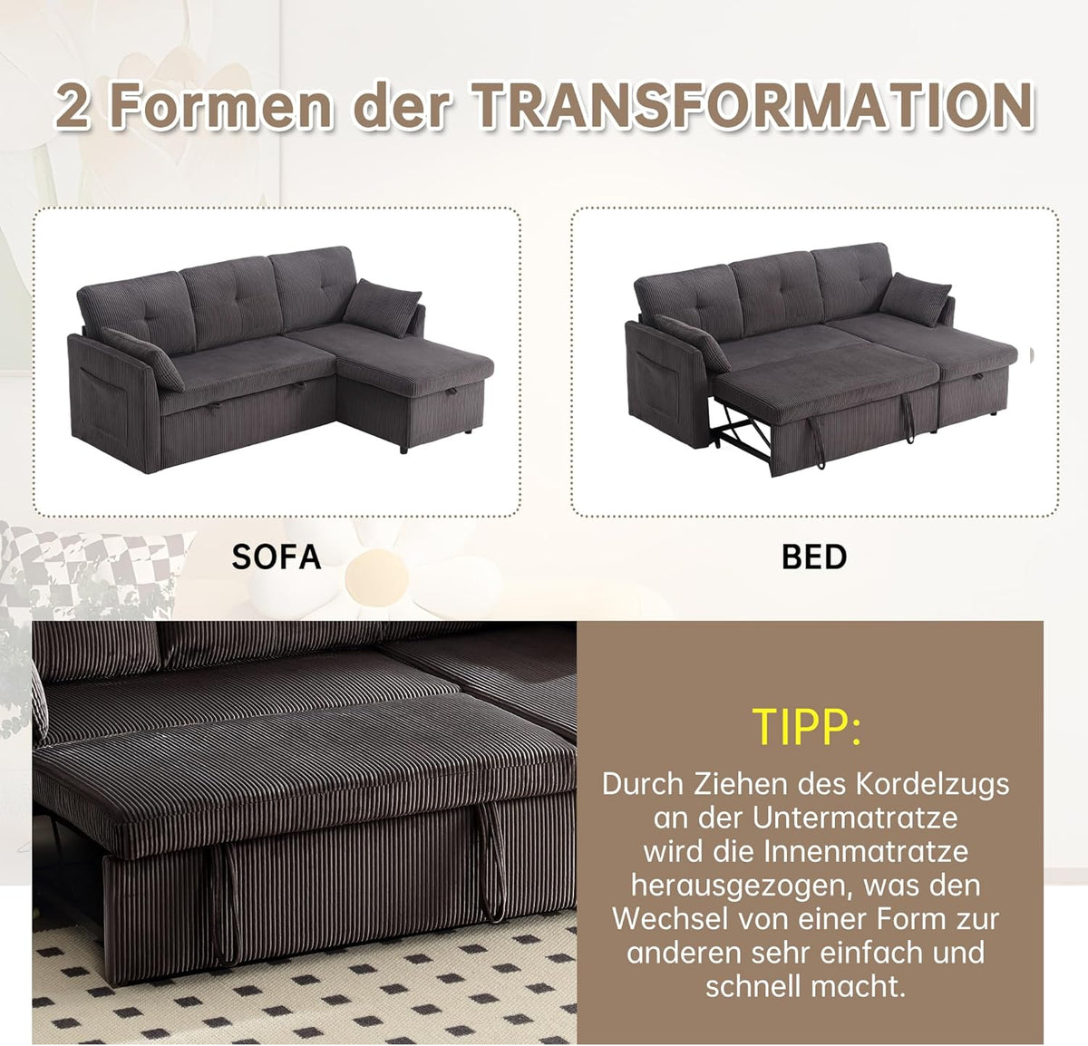 Canapé d'angle Convertible avec sièges de Rangement et Poches accoudoirs,Canapé Convertible avec Forme des Rayures,canapé 3 Places,canapé lit, Velours (Gris foncé)