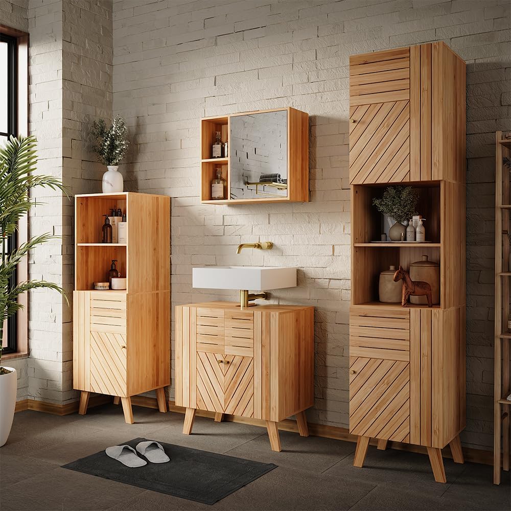 Vicco Ensemble de Meubles de Salle de Bains Lucie, Bambou, 4 pièces, avec Armoire de Milieu et Armoire Haute