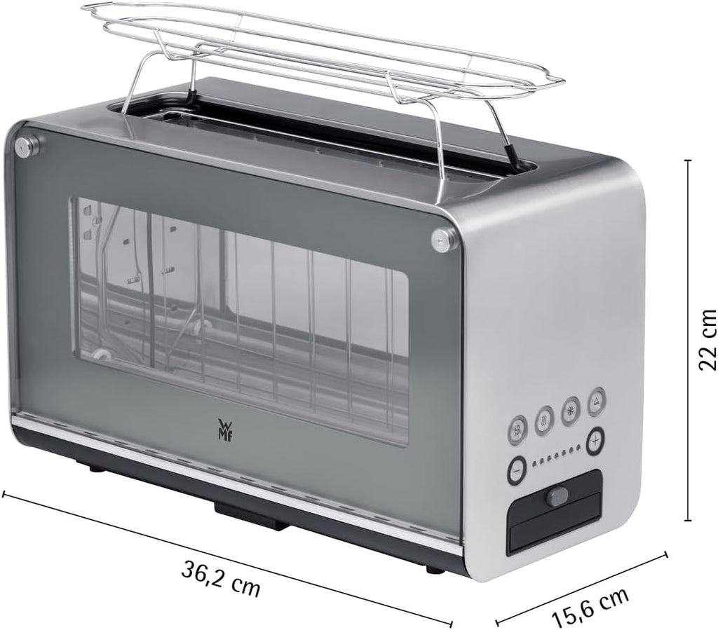 WMF Lono Grille-pain vitré avec grille réchauffe-viennoiseries, 2 tranches, XXL, support motorisé, fonction réchauffage, 7 niveaux de brunissage, grille-pain en acier inoxydable mat