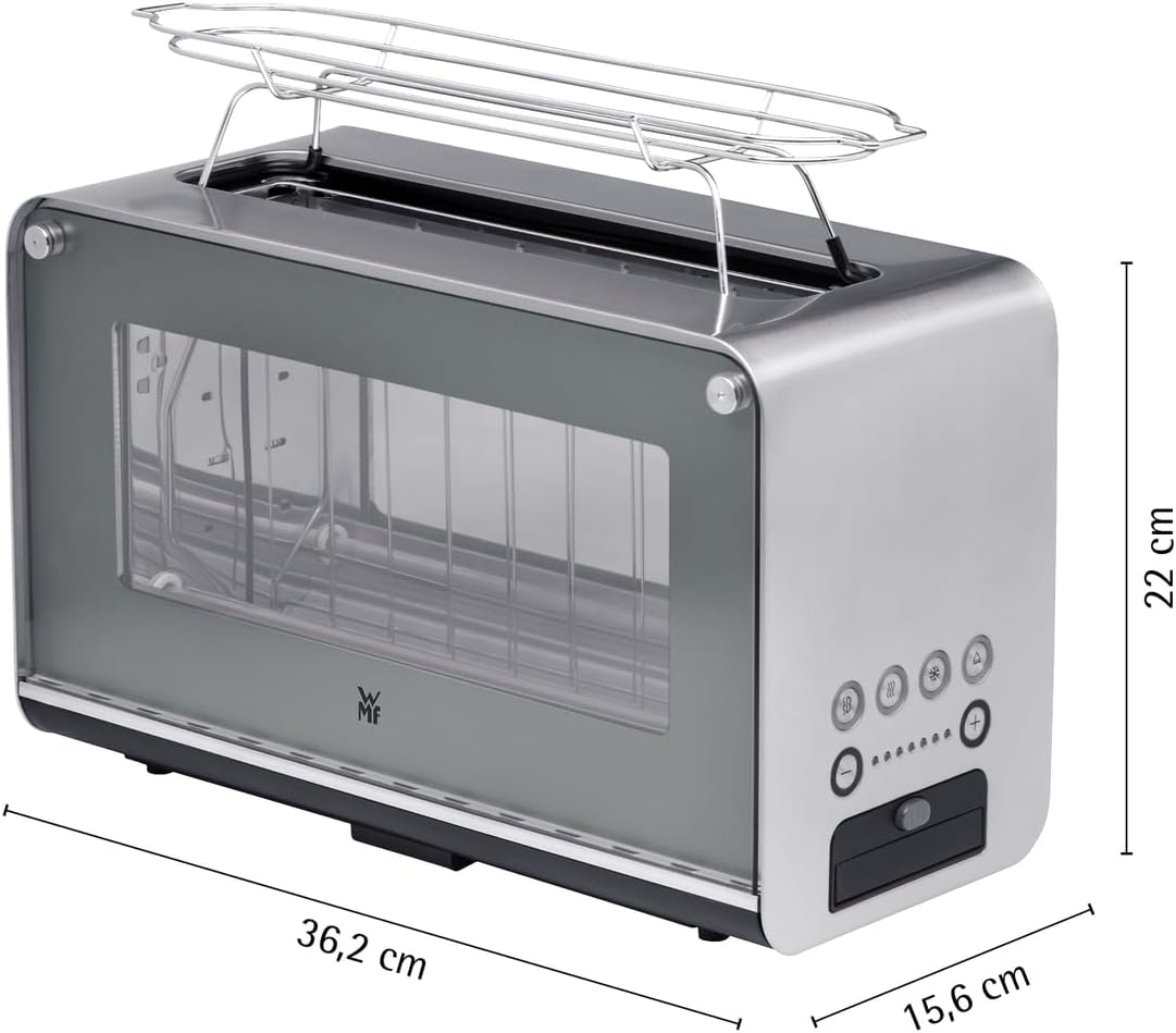 WMF Lono Grille-pain vitré avec grille réchauffe-viennoiseries, 2 tranches, XXL, support motorisé, fonction réchauffage, 7 niveaux de brunissage, grille-pain en acier inoxydable mat