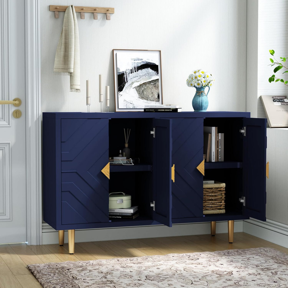 HOLTICO Commode buffet 4 portes, armoire de cuisine, rangement, salon, cuisine, chambre - Bleu