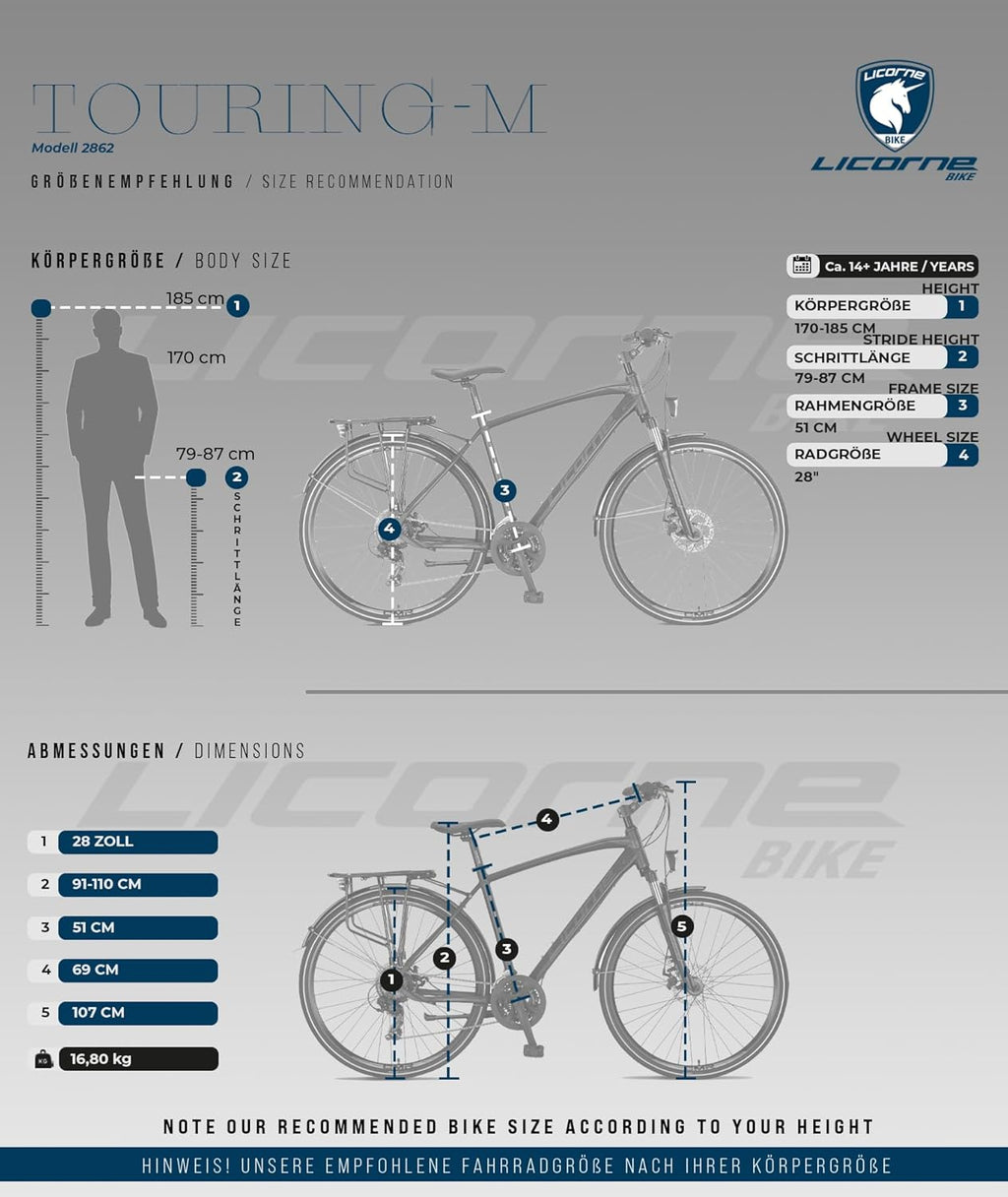 Licorne Bike Vélo de trekking de qualité supérieure en aluminium de 28” pour garçons, filles, femmes et hommes - 21 vitesses - VTT - Crossbike (homme, noir) Standard