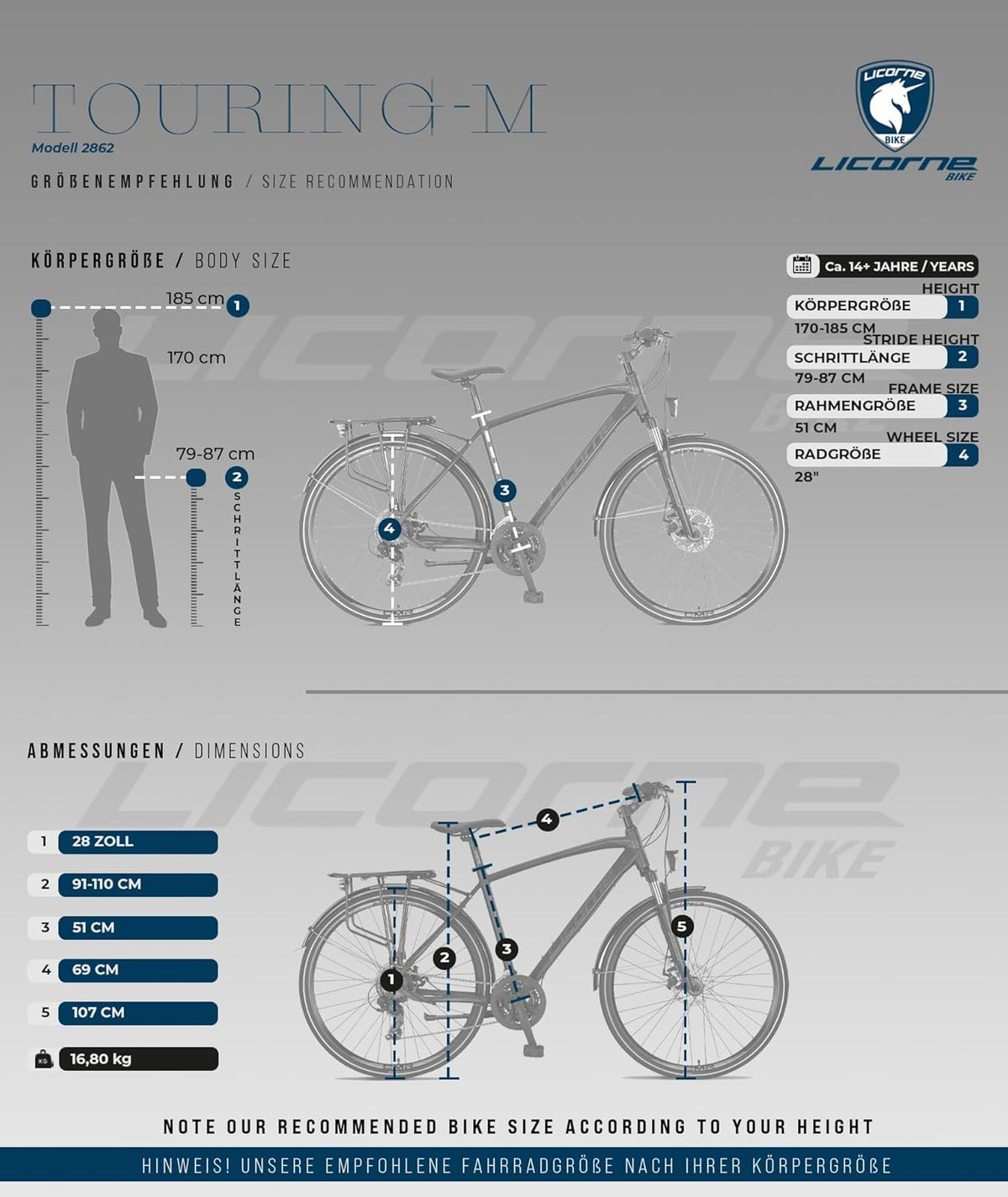 Licorne Bike Vélo de trekking de qualité supérieure en aluminium de 28” pour garçons, filles, femmes et hommes - 21 vitesses - VTT - Crossbike (homme, noir) Standard