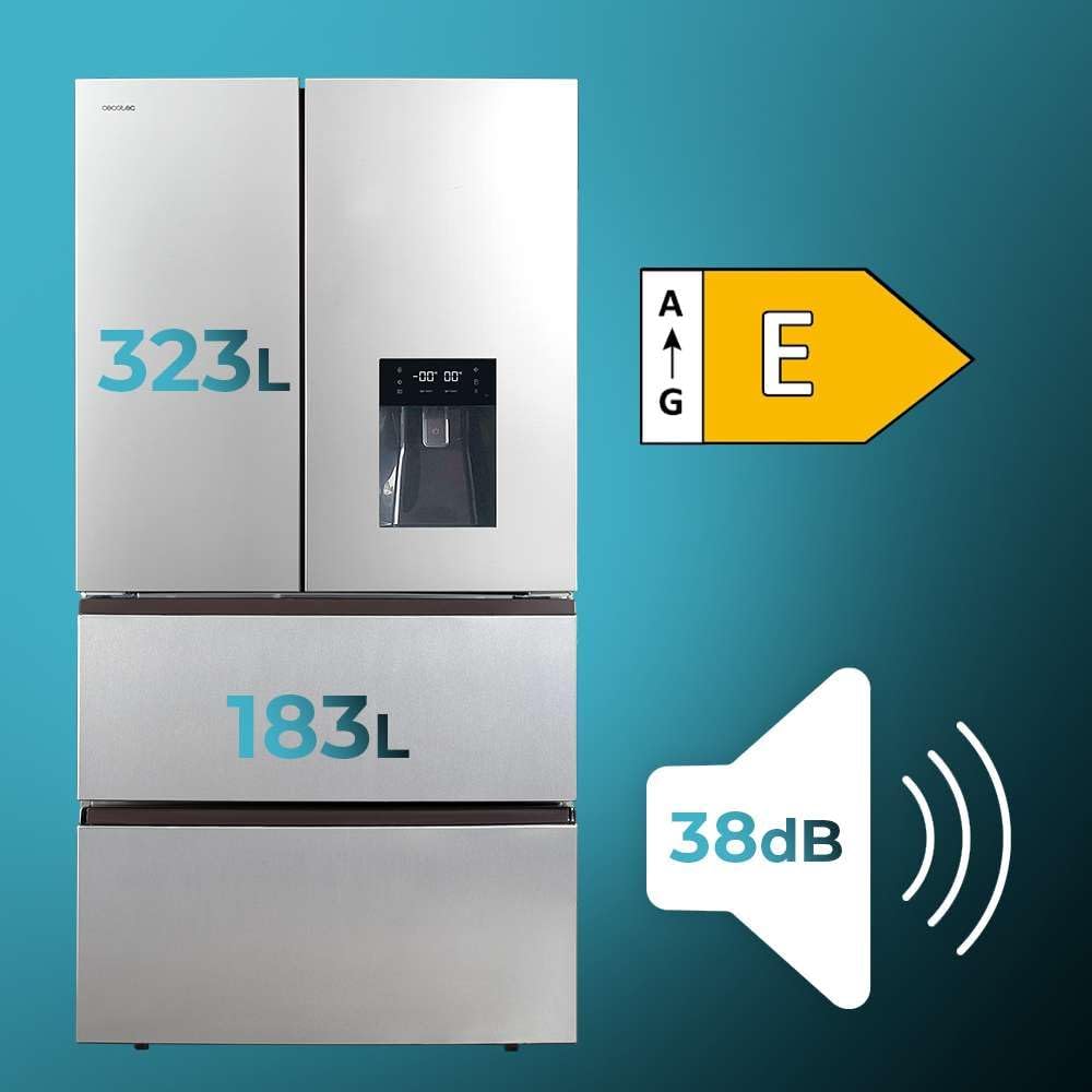 Cecotec Réfrigérateur à Double Porte en Inox avec Distributeur d'Eau de 510 L Bolero CoolMarket FD 510 WD Inox E. 183 cm de Hauteur, 84 cm de Largeur, Moteur Inverter Plus, NoFrost Total