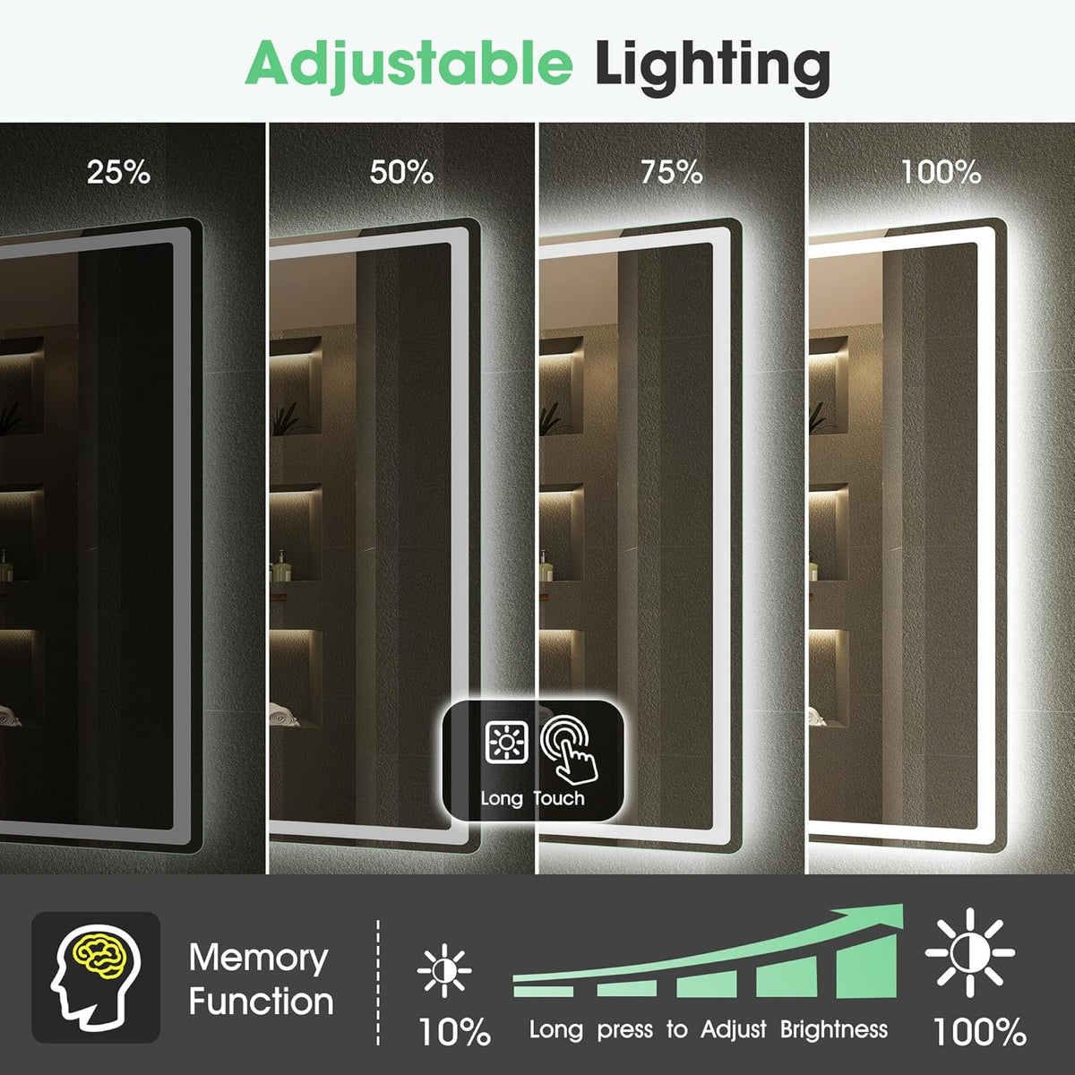 S'bagno Bluetooth-Miroir-Salle-de-Bain-avec-Eclairage-120x70cm, Miroir-LED-Salle-de-Bain Anti-buée, 3000K-6500K, Dimmable, Mémoire, Verre trempé HD, IP44-Miroir-Salle-de-Bain-Led, Horizontal/Vertical