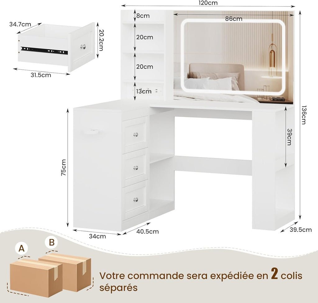 YOUDENOVA Table de maquillage avec grand miroir, coiffeuse d'angle en forme de L avec éclairage LED réglable et prises, luminosité réglable, armoire à 3 tiroirs, 7 compartiments ouverts, blanc