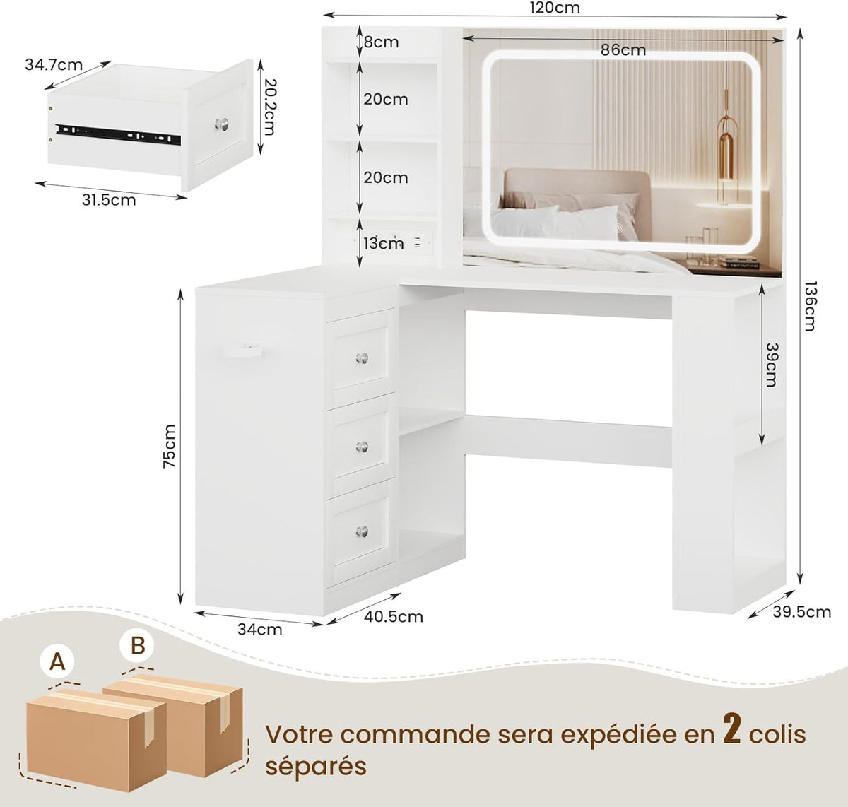 YOUDENOVA Table de maquillage avec grand miroir, coiffeuse d'angle en forme de L avec éclairage LED réglable et prises, luminosité réglable, armoire à 3 tiroirs, 7 compartiments ouverts, blanc