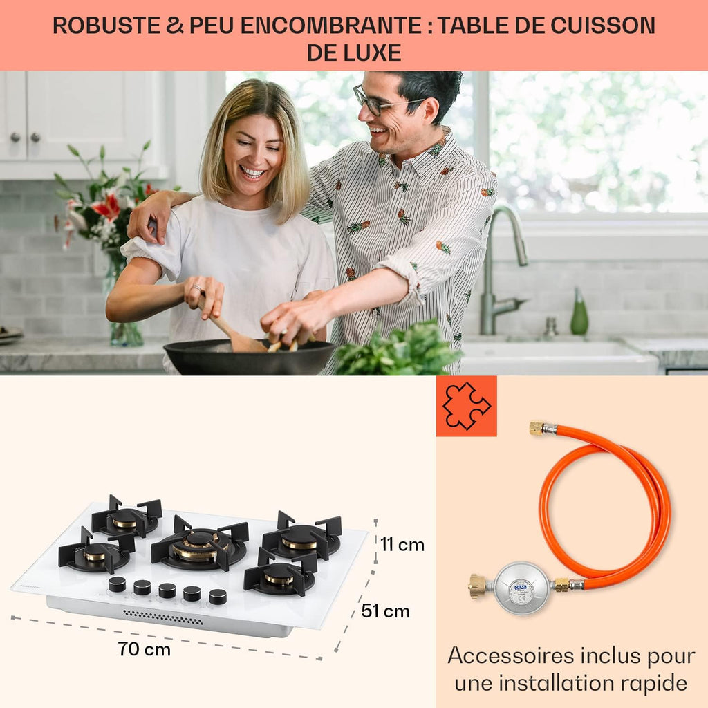 Klarstein Table de Cuisson à Gaz 5 Brûleurs, Plaque Électrique 5 Feux 10400W, Cuisinière Avec Brûleurs en Acier Inoxydable, Compatible GPL