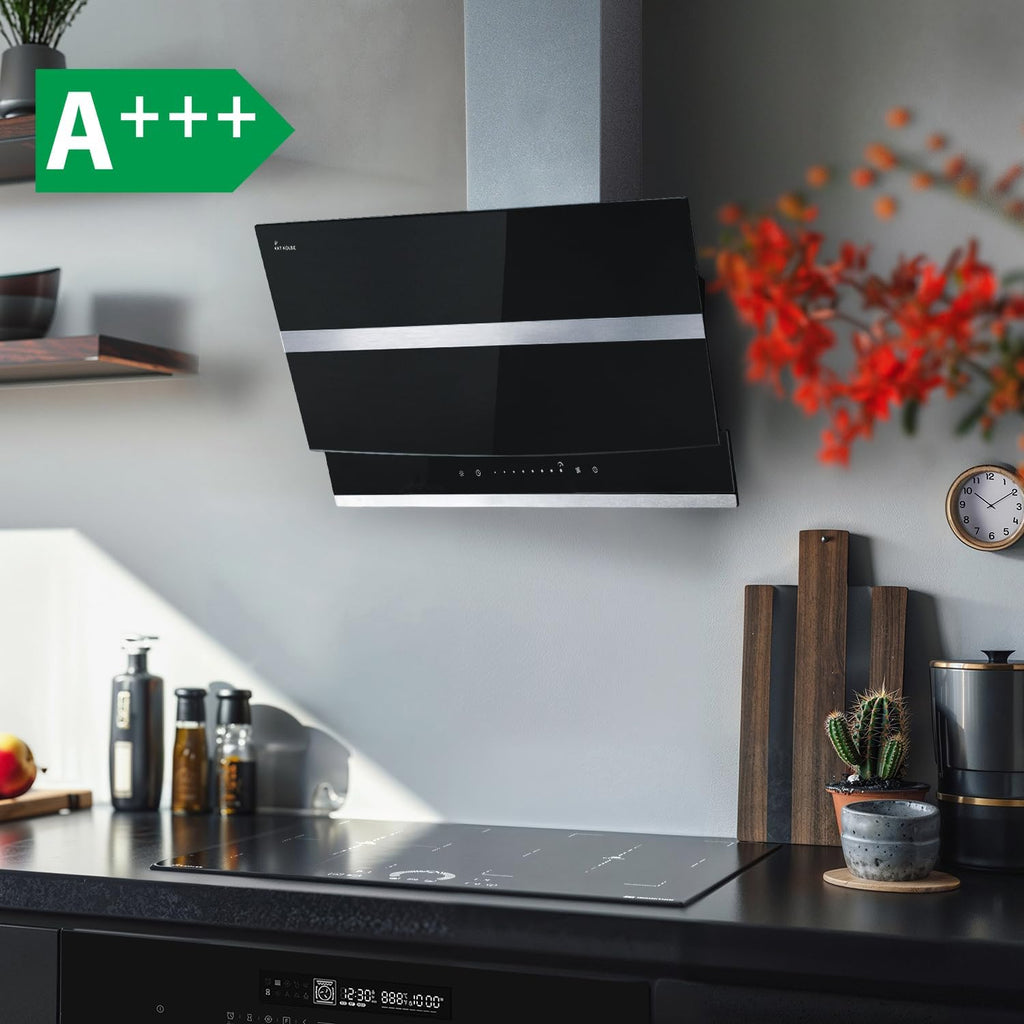 Hotte aspirante cuisine 80 cm Hotte Murale Inclinées acier inoxydable verre noir arrête automatiquement Opération tactile HERMES8005S