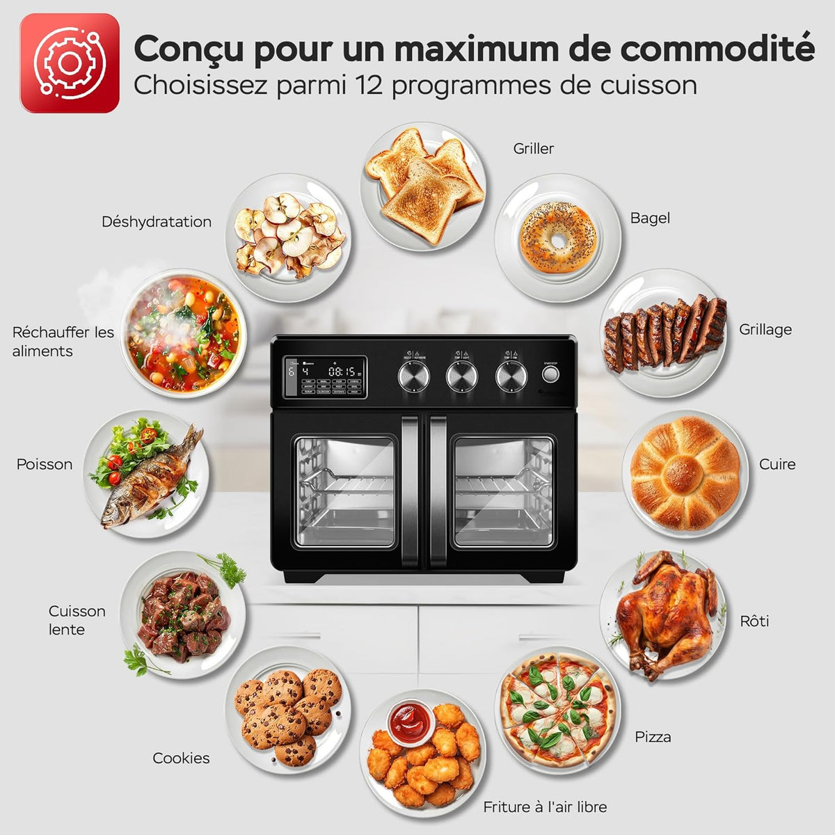 TurboTronic Mini four, four à air chaud 4 en 1 et friteuse à air chaud, version XXL 32 L, y compris tournebroche et de nombreux accessoires, plaque de cuisson, déshydrateur à partir de 25 °C & grill