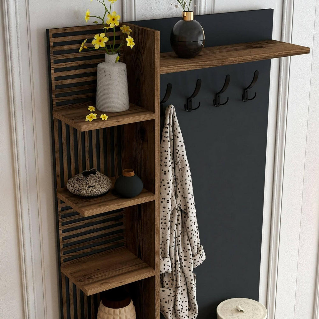 Dmora - Meuble d'entrée Calista, Crochet d'entrée, Composition pour l'atrium, Console de Rangement Multifonction, 90x35h200 cm, Noyer et Anthracite