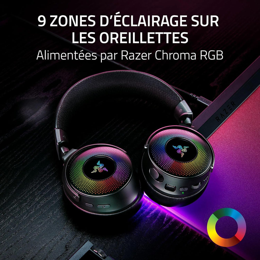 Razer Kraken V4 Pro - Casque de Jeu sans Fil avec hub de contrôle - Sensa HD haptics (hub de contrôle OLED, Triforce 40mm Drivers, HyperSpeed & Bluetooth, THX Spatial Audio, RGB) Noir