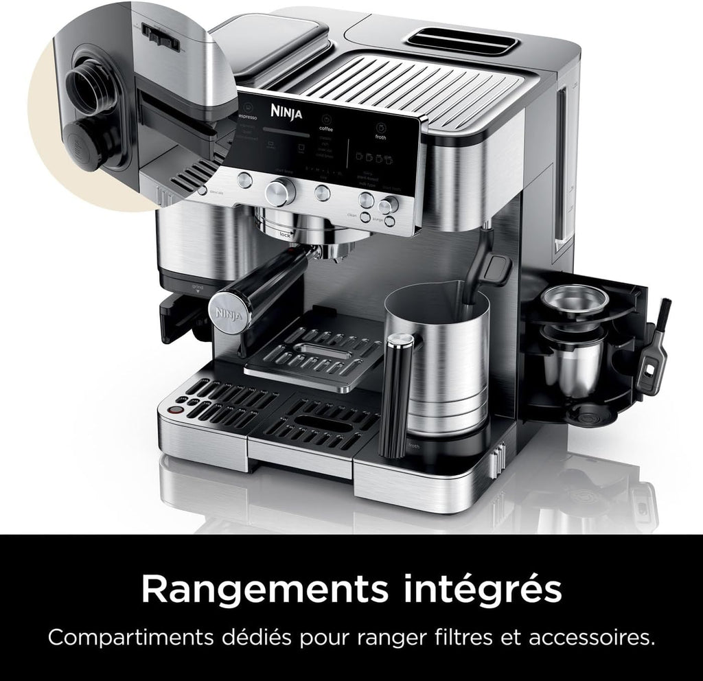 Ninja Machine à café Luxe Premier 3-en-1, Latte, Cappuccino, Infusion à froid et Espresso avec broyeur à grains et mousseur à lait intégrés, facile à utiliser, 4 préréglages mousse, argent, ES601EU