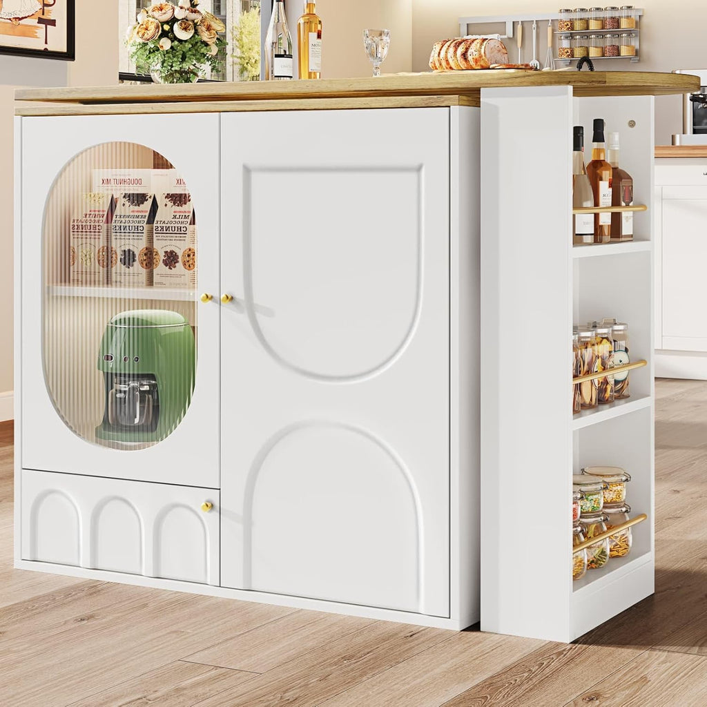 KOMHTOM Table à Manger Pivotante à 360°avec Armoire de Rangement, Meuble de Bar, Bar Cuisine avec 3 Portes et étagères réglables en Hauteur (Blanc)