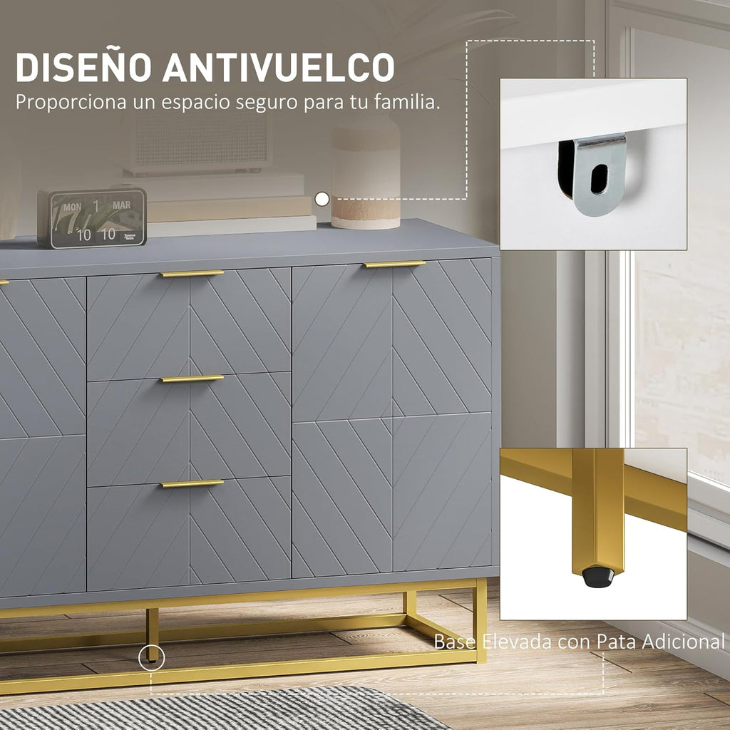 HOMCOM Buffet moderne pour salon avec 3 tiroirs, 2 portes et étagère réglable, pour salon, anti-renversement, 120 x 40 x 76 cm, gris