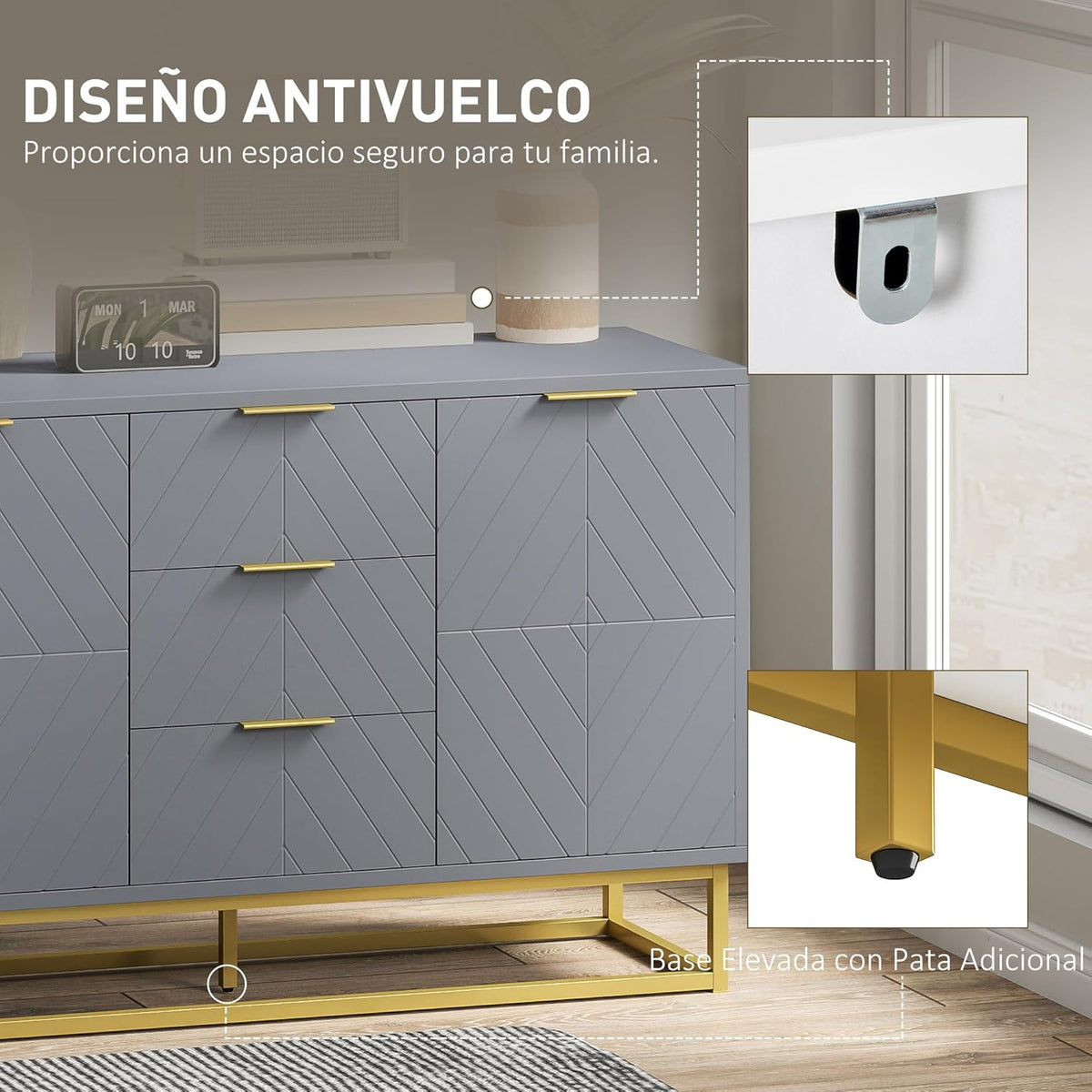 HOMCOM Buffet moderne pour salon avec 3 tiroirs, 2 portes et étagère réglable, pour salon, anti-renversement, 120 x 40 x 76 cm, gris