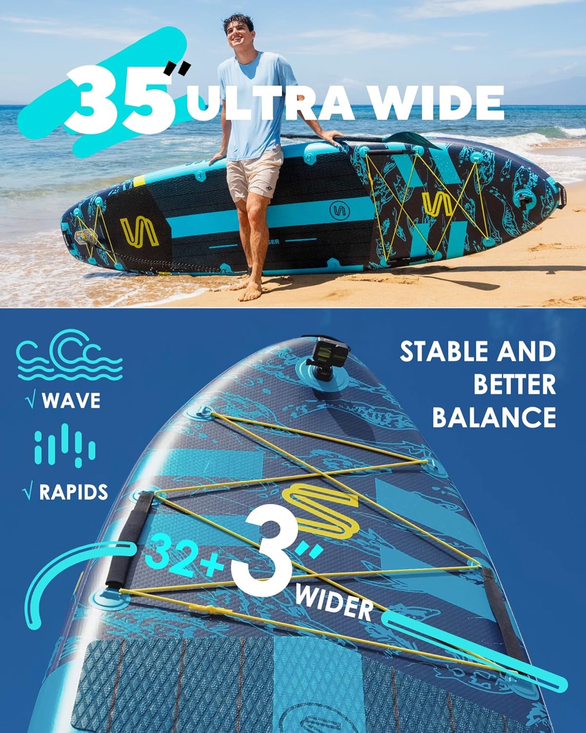 Skatinger Planche à pagaie Gonflable Super Large de 3,4 m x 9,9 m, Ultra Stable pour 2 + 1 Personnes/Famille/Grande Taille avec bandoulière, Sac à Dos de 100 L, Planche à pagaie complète, aileron