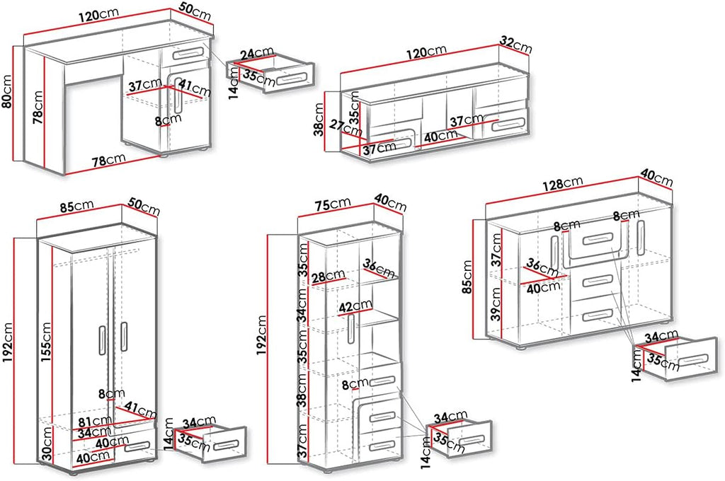 Mirjan24 Apetito XV Ensemble complet pour chambre d'adolescent 5 pièces comprenant une armoire, une étagère, une commode, un bureau, une étagère suspendue (anthracite/blanc)