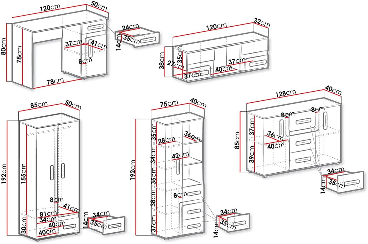 Mirjan24 Apetito XV Ensemble complet pour chambre d'adolescent 5 pièces comprenant une armoire, une étagère, une commode, un bureau, une étagère suspendue (anthracite/blanc)