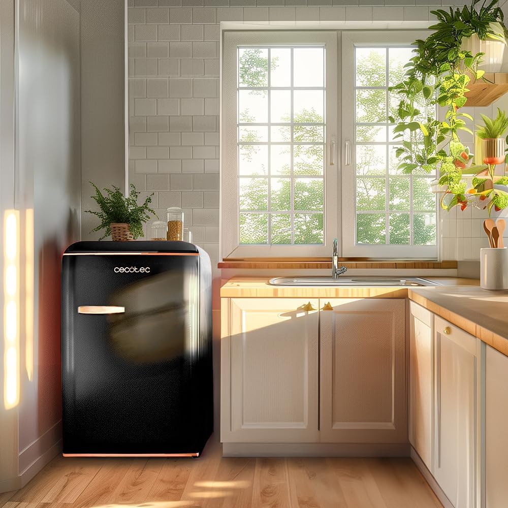 Cecotec Mini Frigo Réfrigérateur Rétro Bolero CoolMarket TT Origin 110 Noir E. Mini Frigo Rétro avec une capacité de 110L, Classe E, Icebox, LED intérieur, Poignée Chromée, Plateaux en Verre
