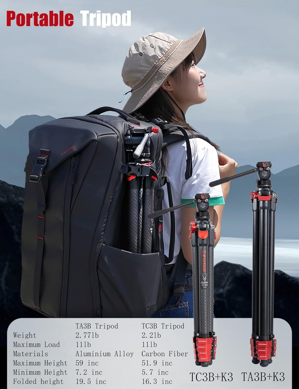 IFOOTAGE Gazelle TC3B+Komodo K3 Trépied en carbone pour appareil photo avec tête fluide, trépied de voyage portable, pour photographie professionnelle, création de contenu, vlogging et production