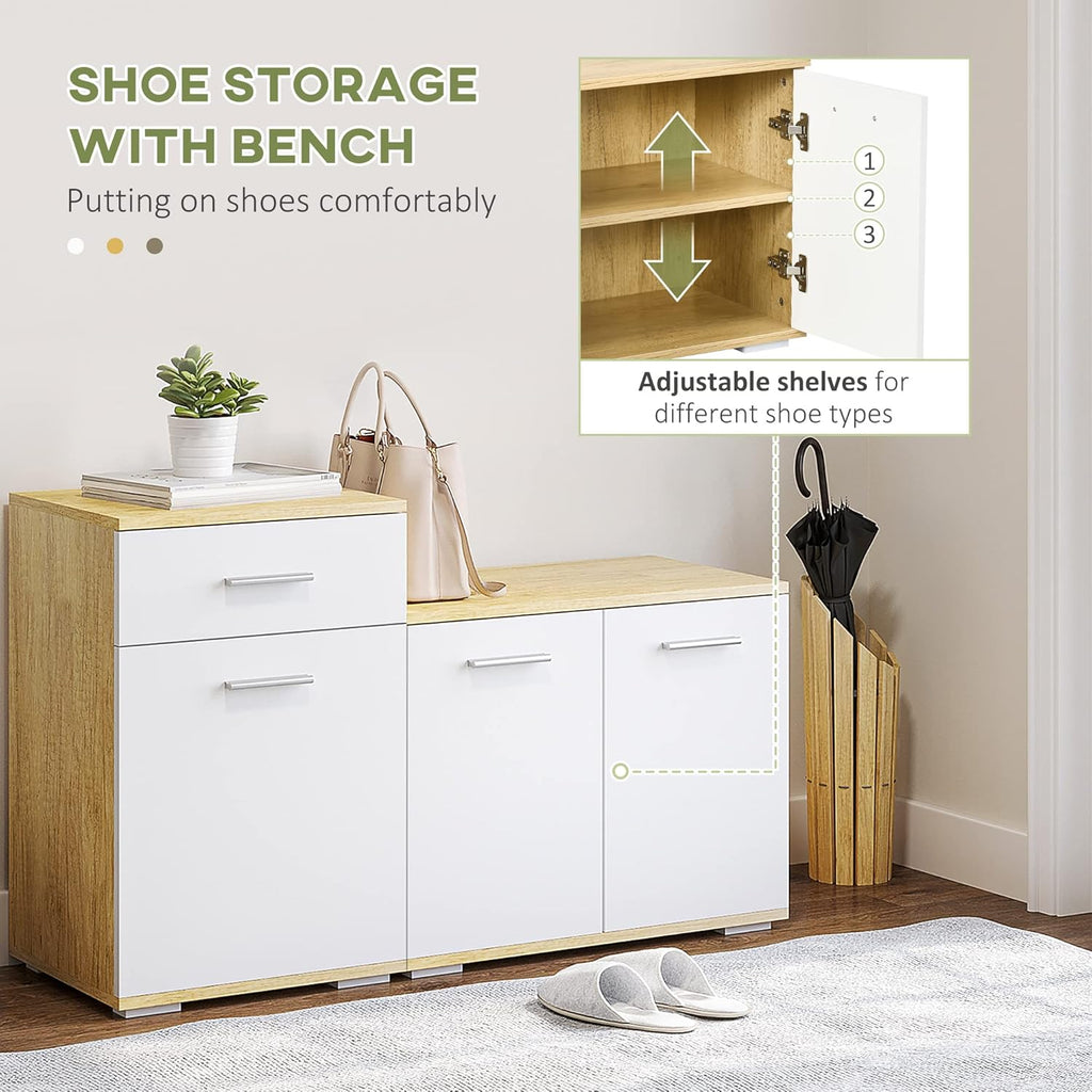 HOMCOM Ensemble d'entrée 3 en 1 avec Cintre, Miroir et Meuble à Chaussures avec Banc en Bois, en Bois et Blanc