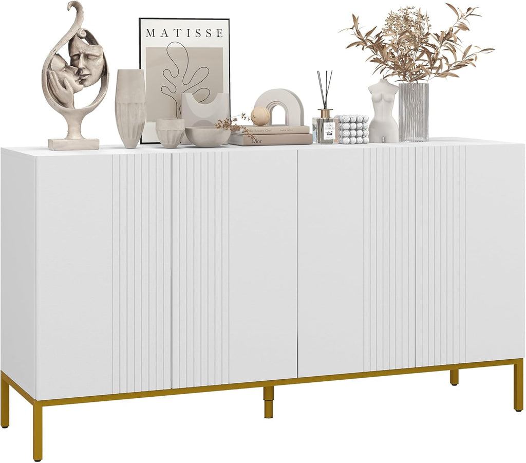 HOMCOM Buffet menuble de Rangement Design Contemporain Graphique 2 placards Porte étagères réglables en Bois Blanc métal doré