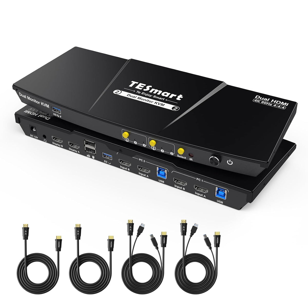 TESmart USB 3.0 HDMI KVM Switch 2 PC 2 Monitor, 4K60Hz Commutateurs KVM Double Moniteur avec émulateur EDID, audio&microphone, USB pour clavier souris scanner imprimante, Hotkey, HDCP 2.2 avec câble×4