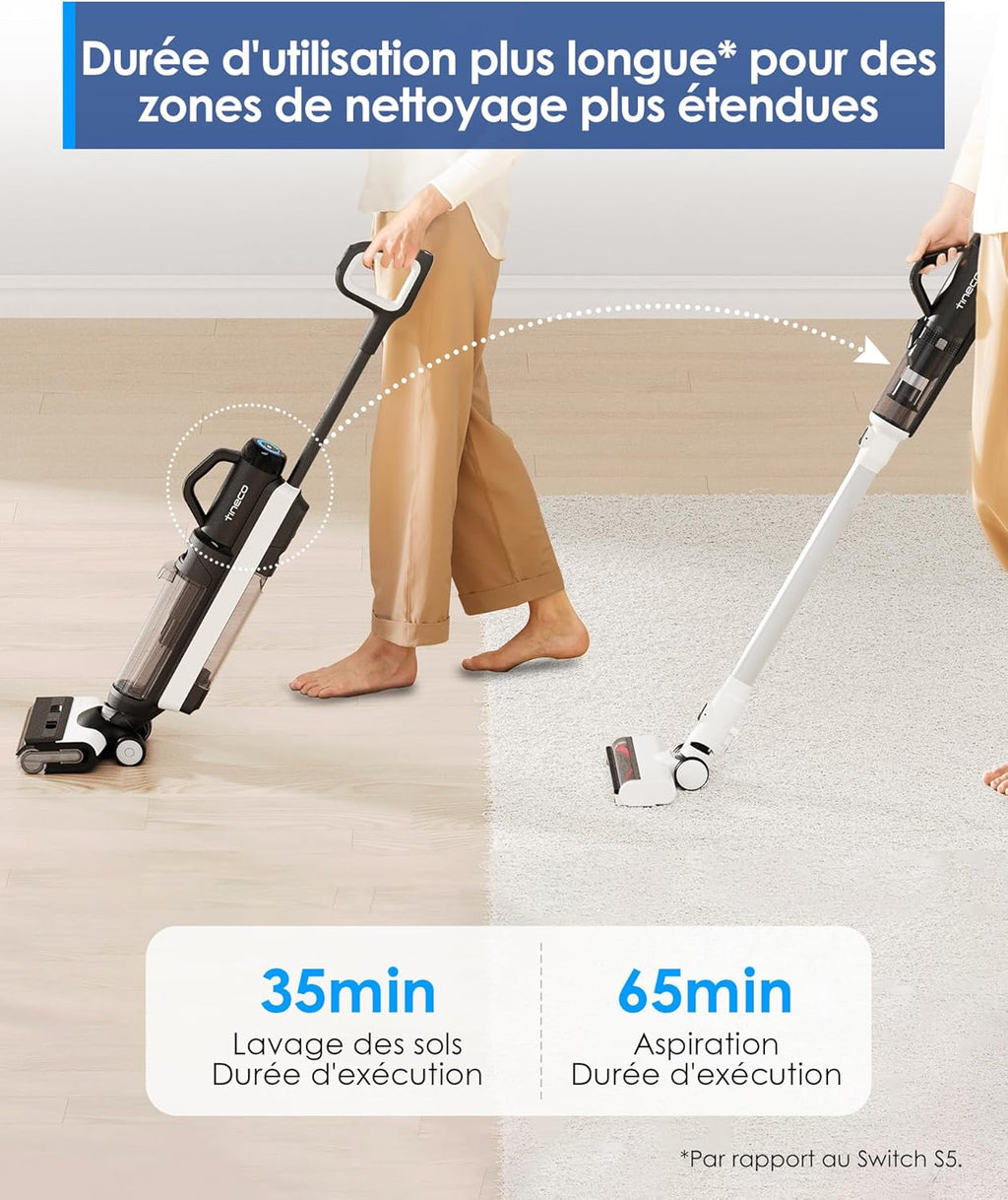 Tineco Floor One Switch S6 Nettoyeur de Sol, Aspirateur Laveur sans Fil 5-en-1, Séchage Flash en 5 Min, Auto-Nettoyage, Brosse ZeroTangle, Nettoyage Angles des 2 côtés