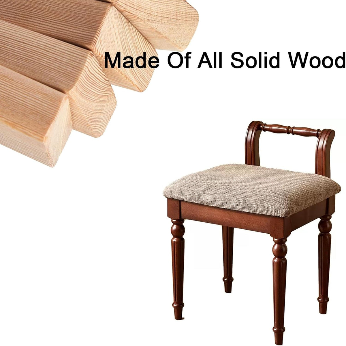 Tabouret de coiffeuse vintage avec siège rembourré élégant et pieds en bois massif, chaise de maquillage confortable pour femme, supporte jusqu'à 109 kg, couleur blanche