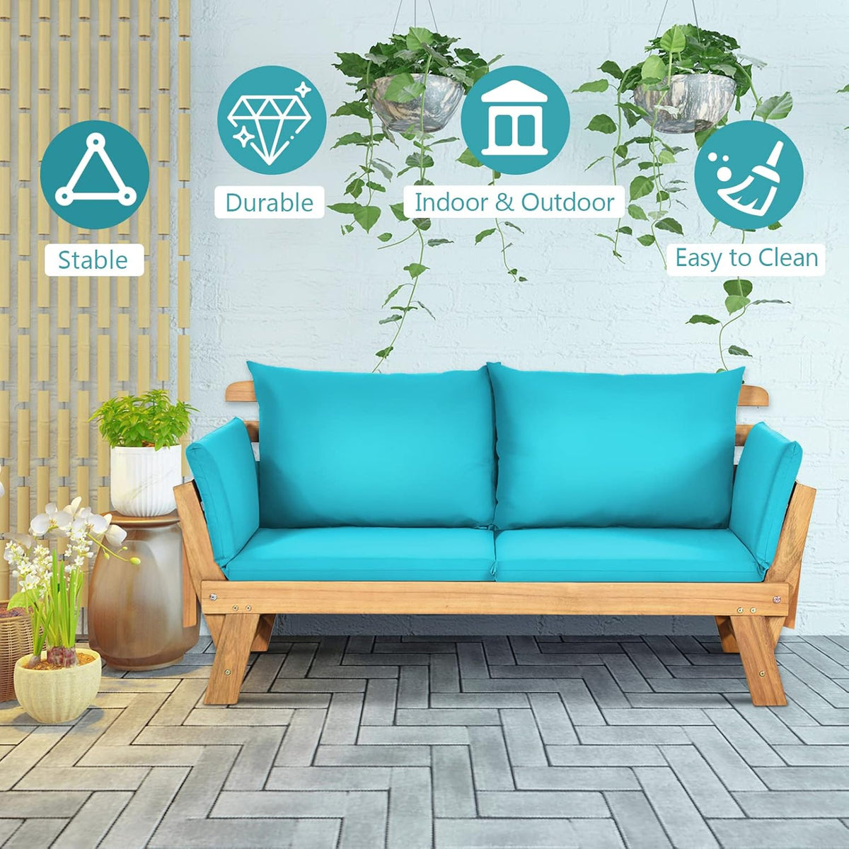 GIANTEX Daybed Canapé-lit pliable pour extérieur 2 personnes avec coussins et oreillers, cadre en bois pour porche avant et patio arrière Bleu turquoise