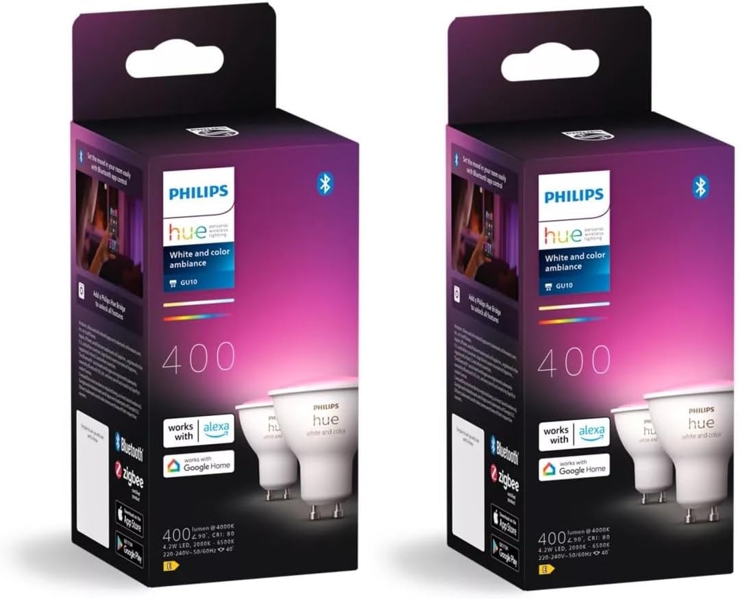 Hue White and color Ambiance, lot de 4 ampoules connectées GU10, compatible Bluetooth, fonctionne avec Alexa, Google Assistant et Homekit