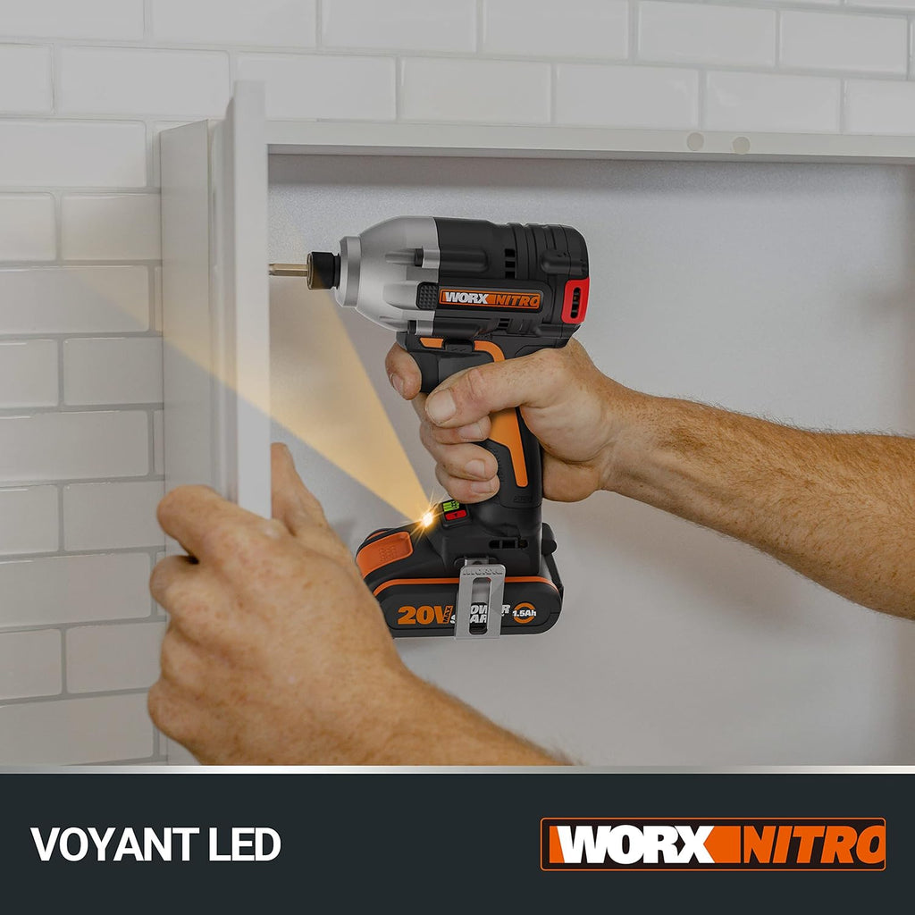 WORX Visseuse à Choc sans Fil Brushless 20V WX261, Légère et puissante 260Nm, 3000 tr/min, mandrin 6,35 mm HEX, 3 Vitesses, crochet et embout de vissage, livrée avec Batterie et Chargeur