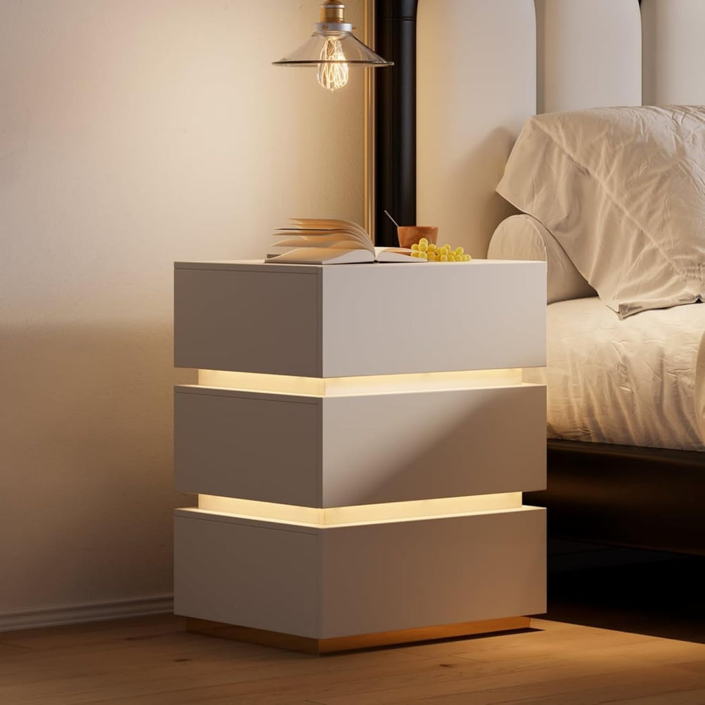 Homary Table de Chevet Intelligente LED Blanc à 3 Tiroirs – Table de Nuit avec Recharge sans Fil & Éclairage Réglable, Design Moderne pour Chambre Adulte (Blanc, 3 Tiroirs)