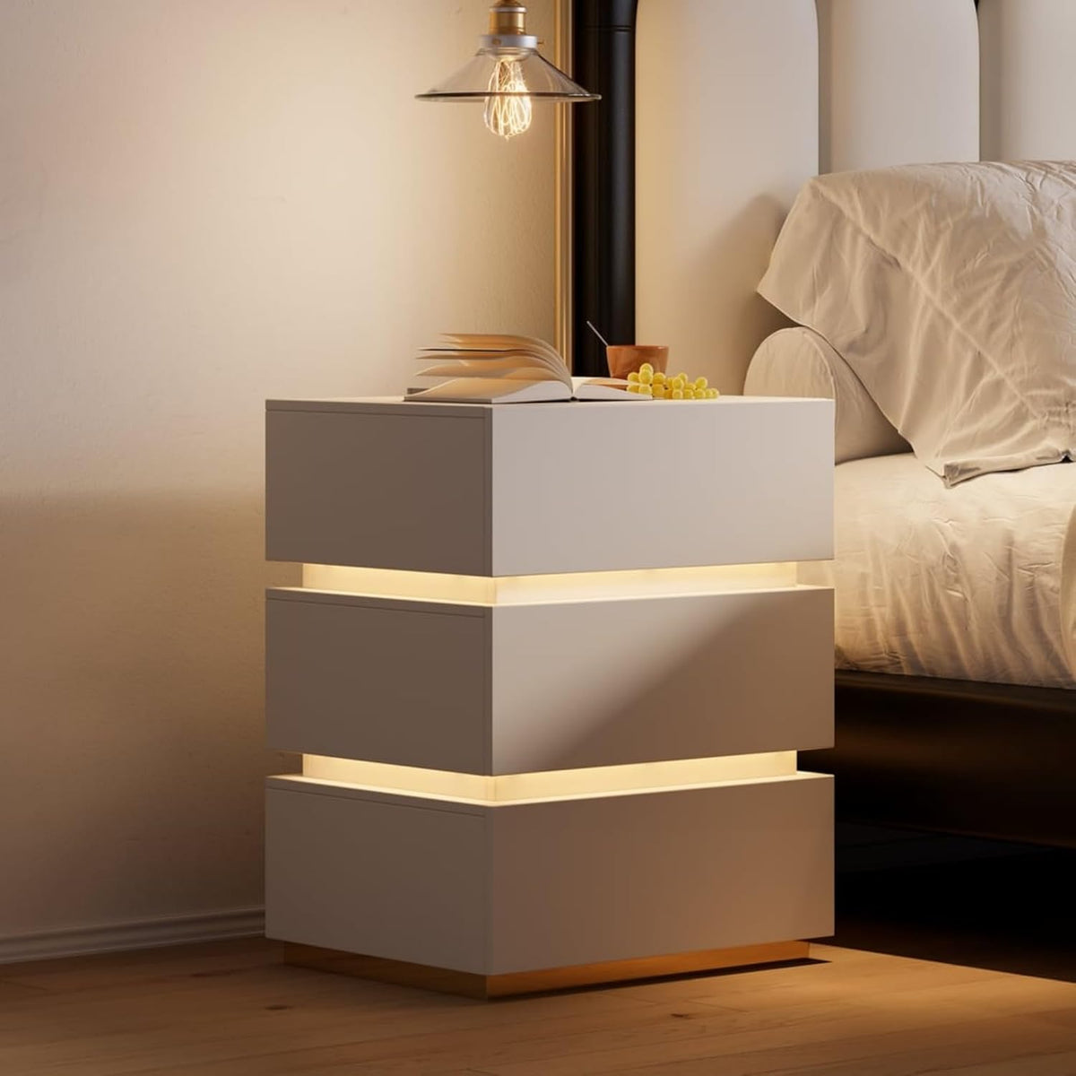 Homary Table de Chevet Intelligente LED Blanc à 3 Tiroirs – Table de Nuit avec Recharge sans Fil & Éclairage Réglable, Design Moderne pour Chambre Adulte (Blanc, 3 Tiroirs)