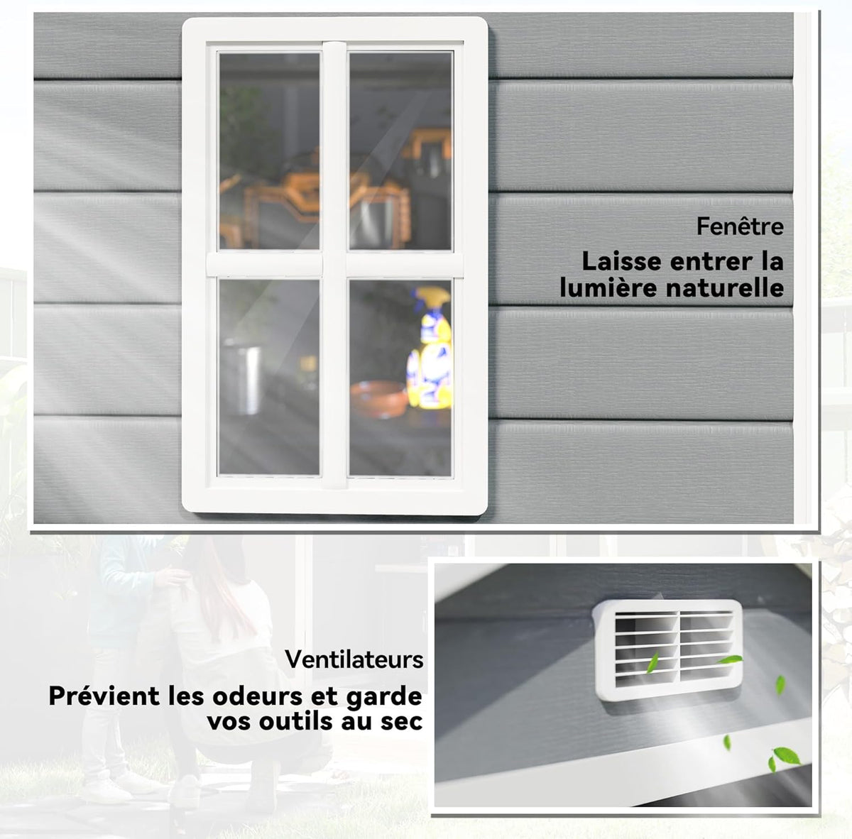 Outsunny Abri de Jardin cabanon en résine polypropylène 2,12 m² - 2 Portes 1 fenêtre et 1 Grille d'aération, Toit en Pente, Gris