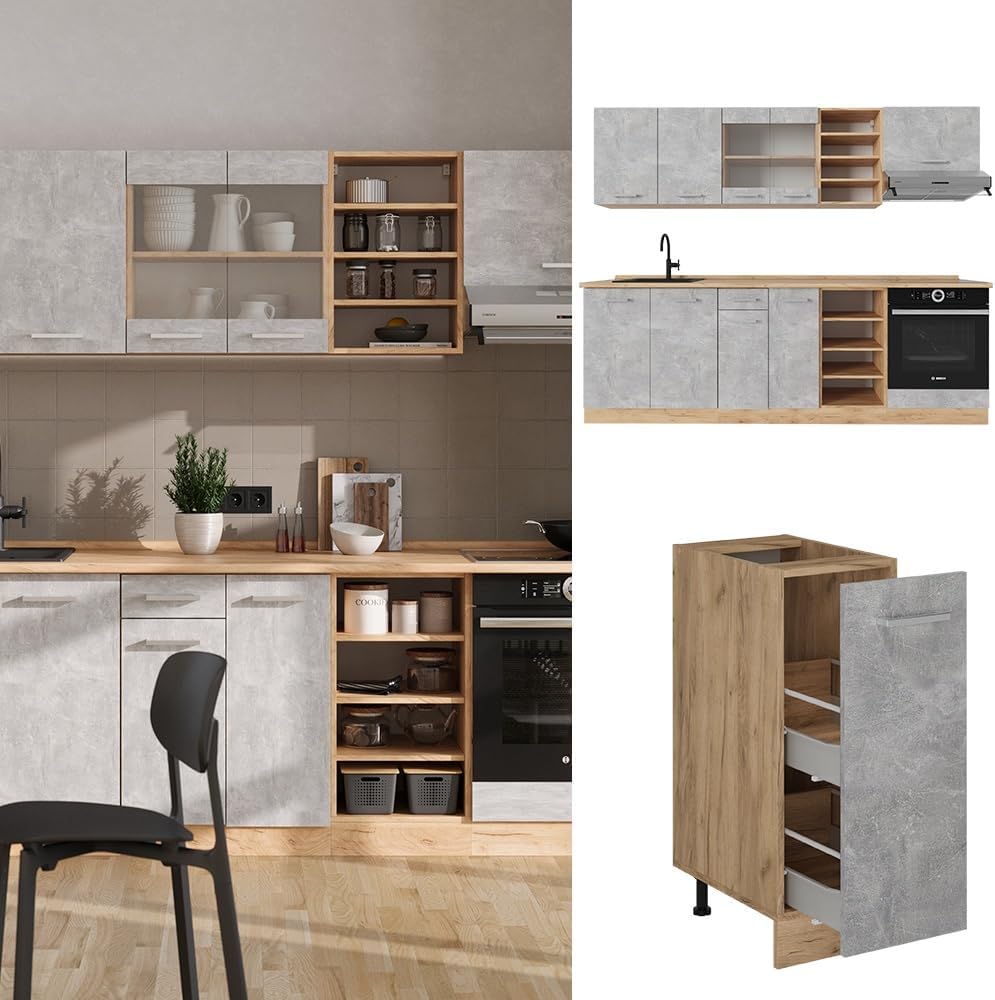 Vicco Cuisine R-Line, Béton/Force d'or Chêne, 240cm, PT Chêne
