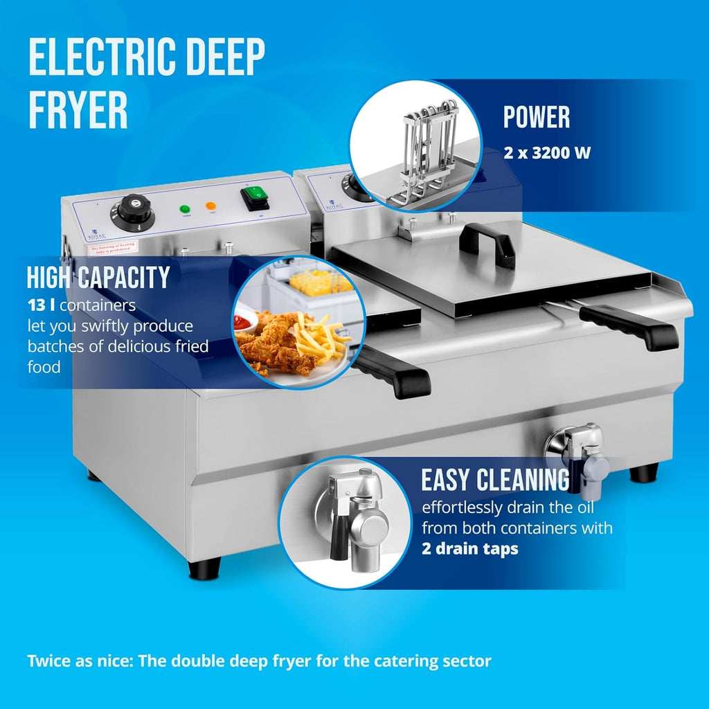 Royal Catering Friteuse Électrique 2 x 13 L, Zone Froide, Thermostat, De Restaurant Double Avec Robinet Professionnelle Commerciale
