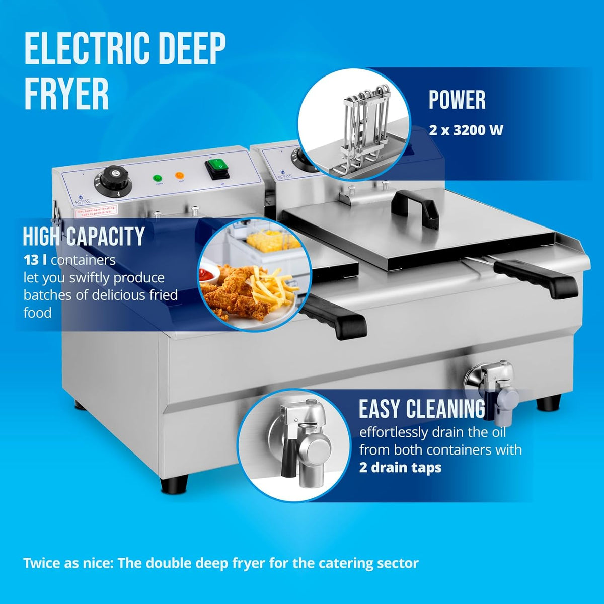 Royal Catering Friteuse Électrique 2 x 13 L, Zone Froide, Thermostat, De Restaurant Double Avec Robinet Professionnelle Commerciale
