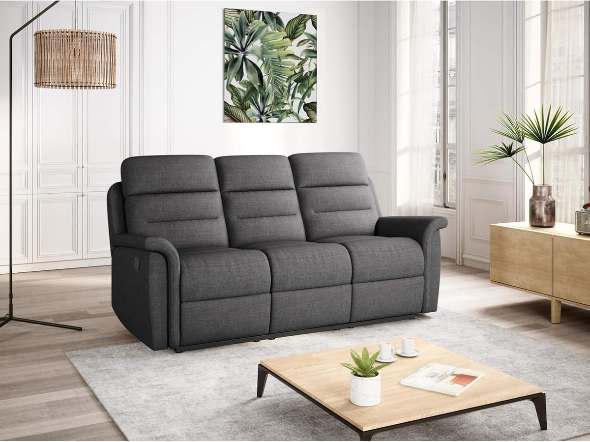 LOUNGITUDE - Canapé de Relaxation Manuel 3 Places en Tissu - Gris foncé
