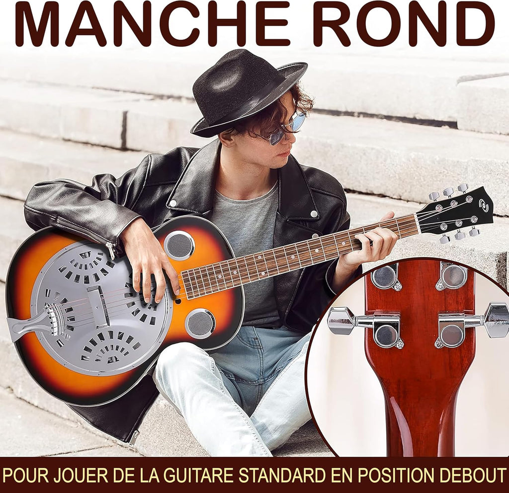Pyle Guitare - Guitare Electro Acoustique Résophonique, Résonateur Traditionnel à Manche Rond Taille Réelle, Préamplificateur Intégré, Blanc
