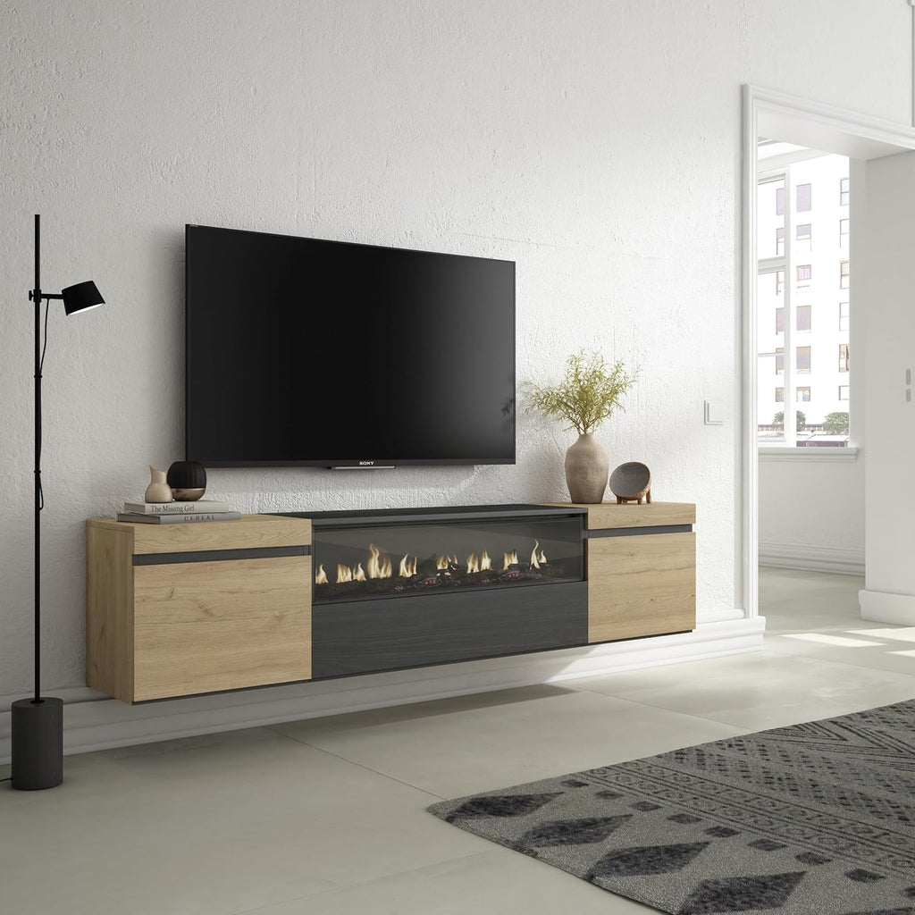 Skraut Home | Meuble TV | Banc Télé | Grand Espace de Rangement | 200x45x35cm | pour Les TV jusqu'à 80" | Cheminée électrique | Suspendu, Mural | Style Moderne | Chêne et Noir