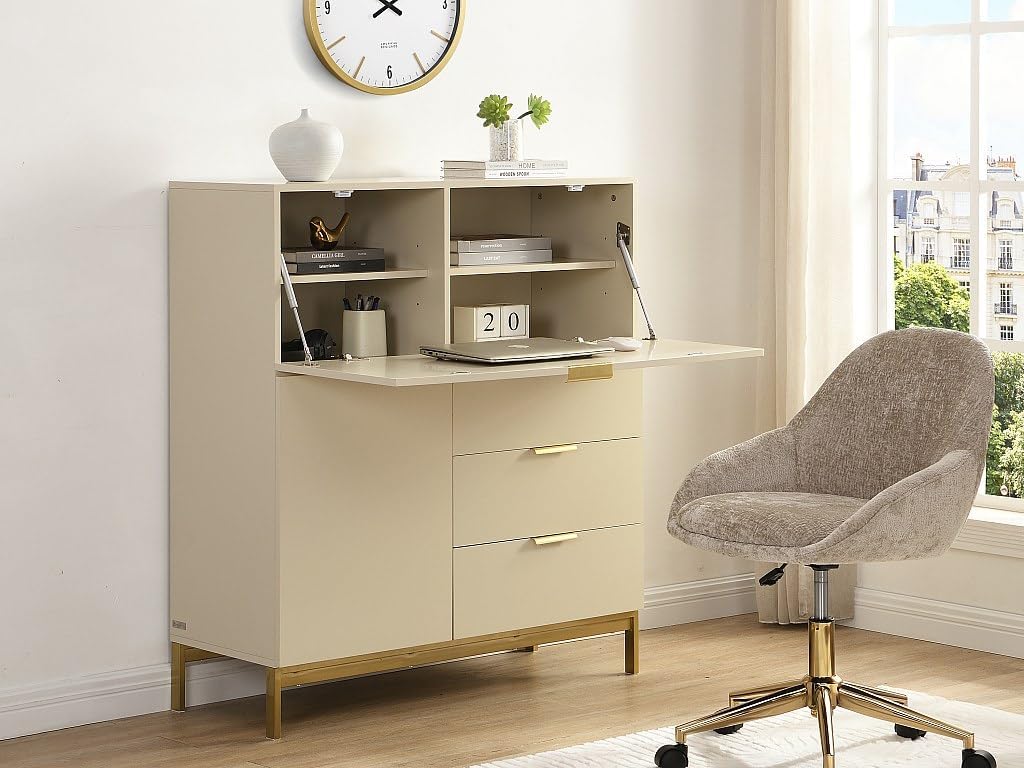 Vente-unique - Secrétaire avec 2 Porte et 3 tiroirs - MDF et métal - Beige - Erwin - avec Rangement