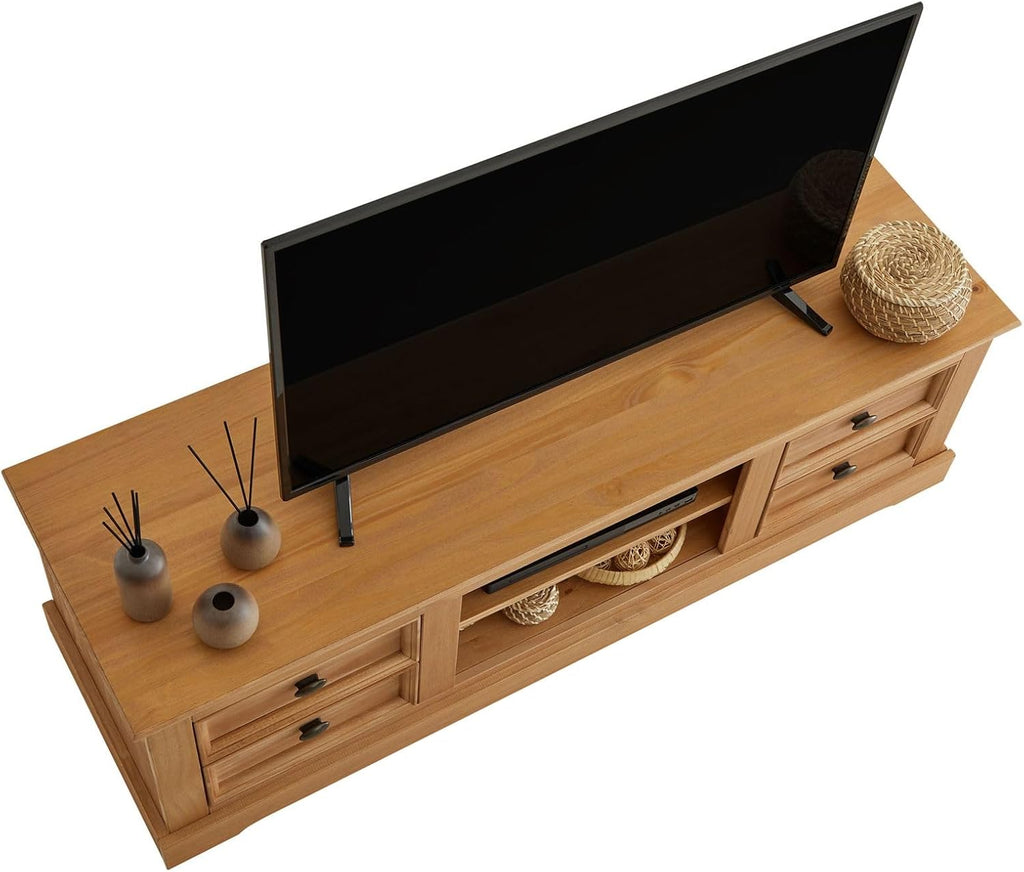 IDIMEX Meuble TV Kent Banc télévision en pin Massif Finition cirée 144 x 46 x 45 cm, avec 4 tiroirs et 2 niches