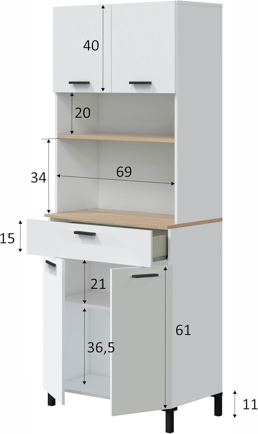 Habitdesign Modèle Kira Meuble de cuisine 4 portes + 1 tiroir Finition blanche Artik et naturel, dimensions : 185 x 72 x 40 cm H x l x P .