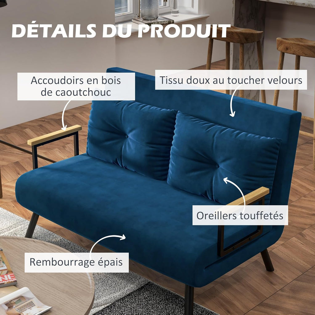 HOMCOM Canapé Convertible 2 Places 4 en 1, canapé-lit avec Dossier réglable sur 5 Niveaux, 2 Coussins et siège rembourré, Tissu Effet Velours, pour Salon, Chambre d'amis, Petit Espace, Bleu
