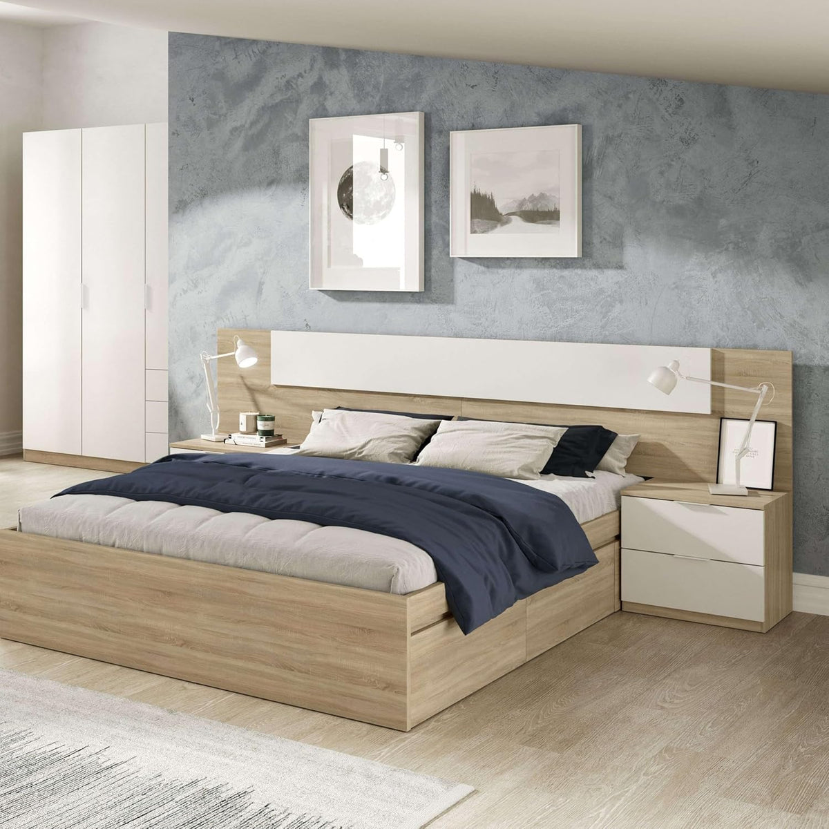 Habitdesign Modèle Alaya Tête de lit et 2 tables de chevet Blanc « Artik » et chêne canadien 247 x 50 x 38 cm