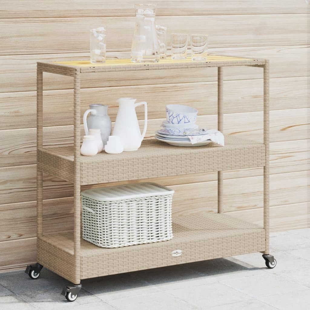 Tomostar Desserte de Jardin, Chariot de Bar Desserte Extérieur 3 Niveaux Beige rotin et Bois d'acacia Massif